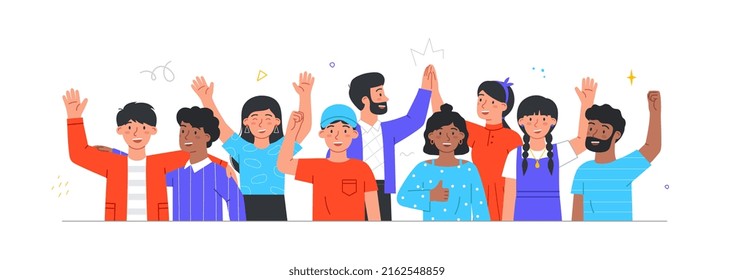 Friends gather and cheer concept. Young men and women provide support, celebrate and motivate together. Kind smiling characters raise their hands up. Cartoon flat vector illustration in doodle style