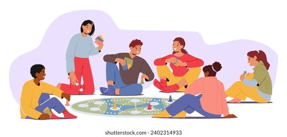 Friends Gather On The Floor, Laughter Echoing, As They Engage In Lively Board Games. Cards And Dice In Hand, Their Competitive Spirits And Camaraderie Create A Joyful Atmosphere. Vector Illustration