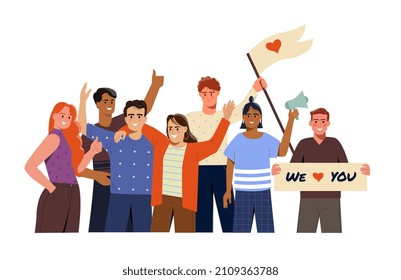 Friends gather together and cheer concept. Young men and women with banners and flags support and encourage loved one. Group of smiling happy fans. Cartoon contemporary flat vector illustration