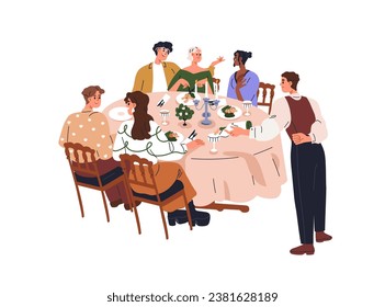 Friends gather together for dinner, holiday celebration at restaurant. Happy people eating out, talking at festive meal, sitting at table. Flat graphic vector illustration isolated on white background