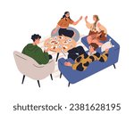 Friends gather together for home dinner. Happy people sitting on couches, relaxing at table with food, eating, talking at leisure time. Flat graphic vector illustration isolated on white background