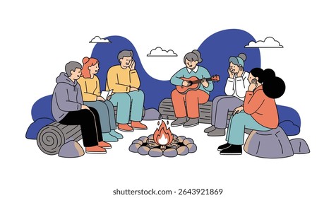Friends Gathered Around Campfire Under Open Sky Sharing Stories and Playing Music Together
