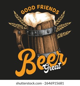 Friends gathered around celebrating with great beer in a rustic mug. Laughter and cheers fill the air as they enjoy each other's company creating memorable moments.