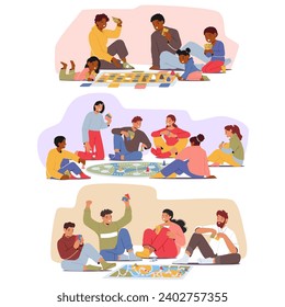 Friends Gathered On The Floor, Immersed In Board Games, Laughter Echoing As Colorful Game Pieces Move. The Joy Of Competition And Camaraderie Fills The Room With Warmth And Excitement. Vector Set