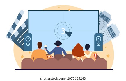 Friends gathered to watch movie in cinema. Men and women sit on comfortable chairs in front of large screen. Characters eat popcorn. Recreation and entertainment. Cartoon flat vector illustration