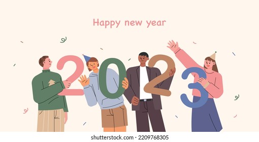 Friends are gathering and celebrating the new year with the number 2023 in their hands. flat design style vector illustration.