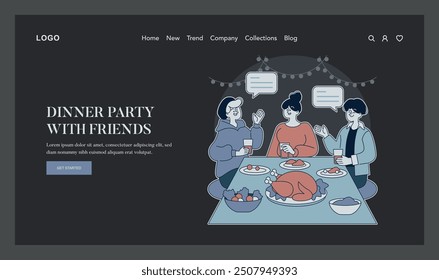 Friends gathering concept. Casual dinner party at home with close friends enjoying food and conversation. Intimate, relatable festivities in a modern setting. Vector illustration.