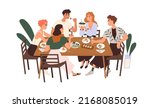 Friends gathering at dining table with wine and food. Happy young people eating, celebrating holiday, talking, relaxing together on weekend. Flat vector illustration isolated on white background