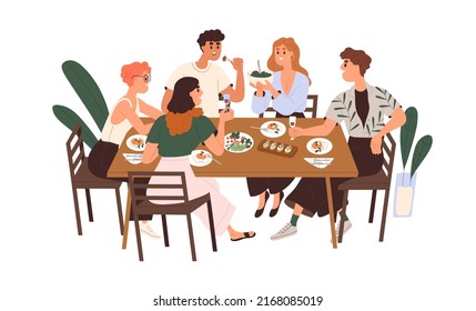 Friends gathering at dining table with wine and food. Happy young people eating, celebrating holiday, talking, relaxing together on weekend. Flat vector illustration isolated on white background