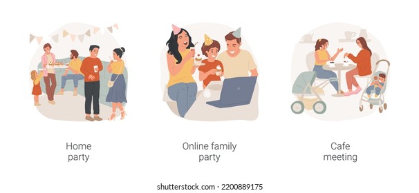 Friends gathering isolated cartoon vector illustration set. Home party with friends, children play, two women meeting in cafe, family online celebration, digital communication vector cartoon.