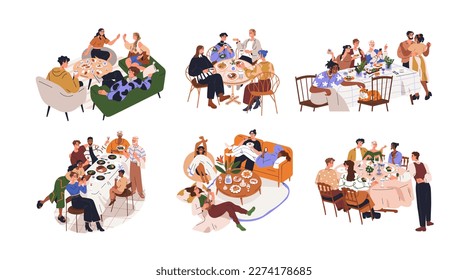 Friends gatherings around dinner tables set. Happy people eating, talking at home and restaurants parties, hangouts with food and drinks. Flat graphic vector illustrations isolated on white background