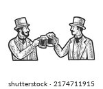 Friends gentlemen beer party cheers drinking alcohol sketch engraving vector illustration. T-shirt apparel print design. Scratch board imitation. Black and white hand drawn image.