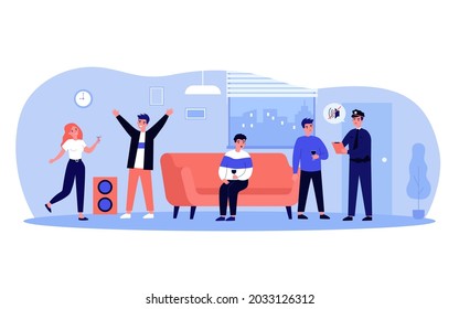 Friends getting noise complaint for having loud party. Police officer asking apartment owner to turn music off flat vector illustration. Celebration, neighborhood concept for banner, website design