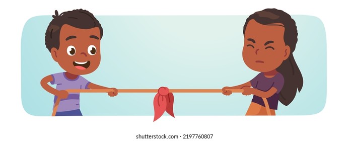 Friends girl, boy children playing tug of war game. Excited African American kids persons enjoy pulling rope competition. Leisure entertainment fun, sports activity, rivalry flat vector illustration