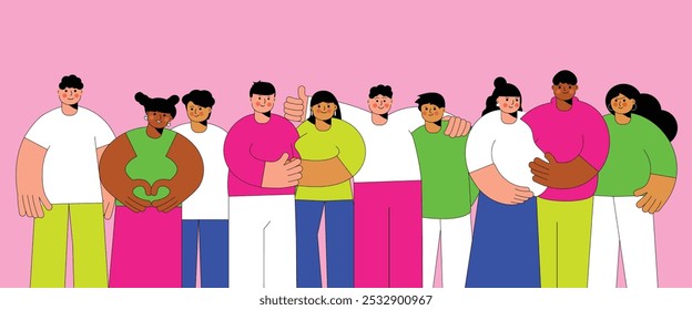 Friends, girls and guys posing together. Loving couples embracing each other. The concept of friendship, cooperation, and teamwork.
