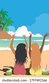 Friends girls are resting on the seashore, you can use the Friends Day card