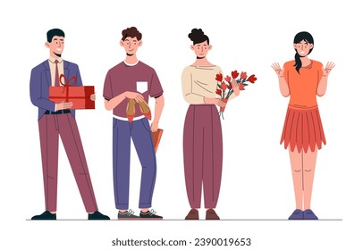 Friends give gifts set. Men and women with gift box and flowers. Valentines Day and happy birthday. Holiday and festival. Cartoon flat vector collection isolated on white background