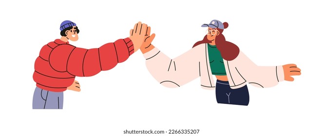 Friends giving high-five, greeting gesture. Young man and woman clapping palms together. Support, trust, approval, friendship concept. Flat graphic vector illustration isolated on white background