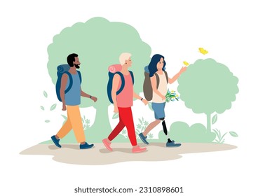 Friends go hiking along a forest path. Men and women travel and vacation together. Active lifestyle. Camping. Vector illustration in a simple style.