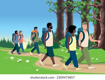 Friends go hiking along the path against the backdrop of a beautiful landscape. Men and women travel and vacation together. Active lifestyle. Camping. Vector illustration in a simple style.