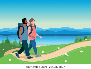 Los amigos recorren el camino y recorren un hermoso paisaje como telón de fondo. Hombres y mujeres viajan juntos y de vacaciones. Estilo de vida activo. Camping. Ilustración vectorial en un estilo sencillo.