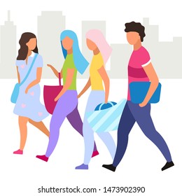 Friends go shopping together flat vector illustration. Guy and girlfriends walking city street cartoon characters. Best friends spending time together, pastime. Group of people, tourists walking