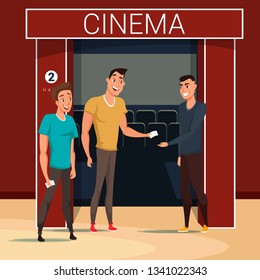 Friends going to cinema flat vector illustration. Worker cartoon character checking tickets. Seats, screen in empty cinema hall. Colleagues having fun after workday. Men watching film in movie theater svg