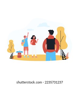 Friends going on hike flat vector illustration. Young people with backpacks meeting guy in nature, waving hands, going on trip together, cyclist in background. Travel concept