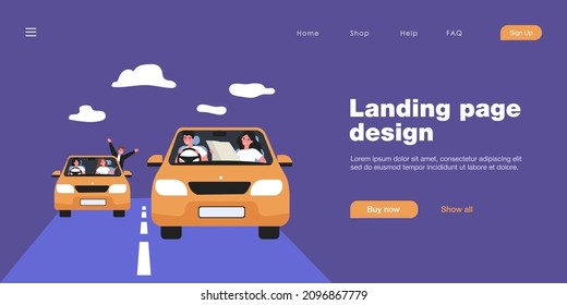 Friends going on road trip together. Flat vector illustration. Young men and women travelling in two identical cars along pre-planned route. Adventure, friendship, transport, travel, auto concept