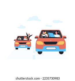 Friends going on road trip together. Flat vector illustration. Young men and women travelling in two identical cars along pre-planned route. Adventure, friendship concept