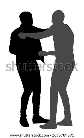 Friends greet each other when they suddenly meet on street vector silhouette isolated. Handsome man greeting with friend hug. Boys hugging. Good looking male happy glad to see you. Elegant brothers.