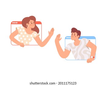 Friends greeting each other. Online friendship. Greeting waving hands. Vector illustration	