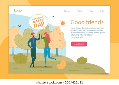 Plantilla de la página de aterrizaje de vectores planos de saludos de los amigos. Personajes de dibujos animados hombres y mujeres saludando. Reunión de Novia y Novia en el diseño de banner web de Park con espacio de texto. Bonos de pareja