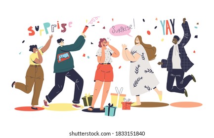 Friends greeting girl with holiday or birthday at surprise party. Happy surprised woman with group of excited people and confetti. Unexpected greeting concept. Vector illustration