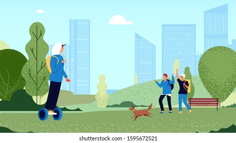 Friends greeting. Group teens meet in park, guys greet gesture. Happy friendship, youth walking with dog. Informal persons activity vector illustration