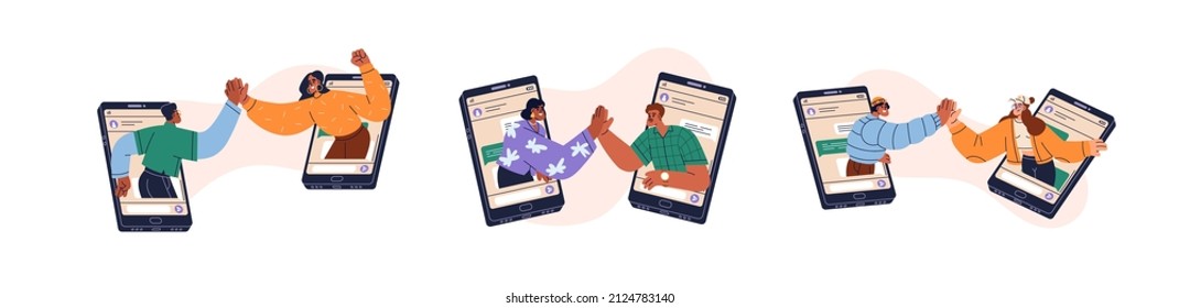 Friends Greeting With High-five, Hi Gesture From Mobile Phone. Virtual Meeting, Remote Conversation In Smartphone Messenger App Concept. Flat Graphic Vector Illustrations Isolated On White Background