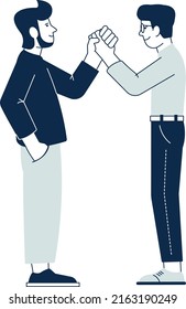 Friends greeting. Smiling man holding hands in friendly gesture