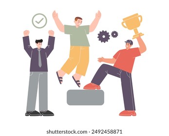 Friends group achievement winning trophy goals success together colorful casual and formal clothes