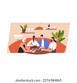 Grupos de amigos comiendo afuera, sentados en la mesa de la cafetería. Doble cita en una cafetería. Dos parejas bebiendo té, pastel, hablando en cafetería, cafetería. Ilustración vectorial plana aislada en fondo blanco