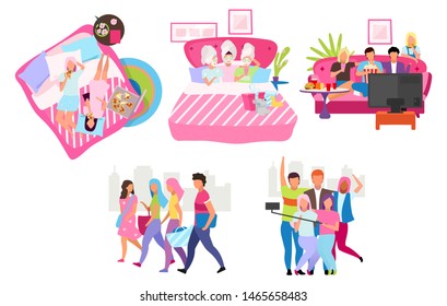 Friends group flat vector illustrations set. Young people spending time, meeting together cartoon characters. Male and female friendship. Students, girls and guys taking selfie, walking, eating pizza