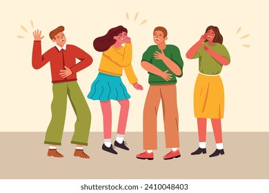 Friends group giggle at joke. Cartoon laughing people, happy funny guys and girls, carefree characters, humor reaction, vector illustration.eps
