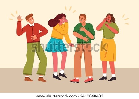 Friends group giggle at joke. Cartoon laughing people, happy funny guys and girls, carefree characters, humor reaction, vector illustration.eps
 Stock foto © 