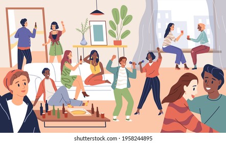 Friends Group. Party Time In House, Happy Young People, Home Celebration. Alcohol Drinking, Karaoke And Dancing, Youth Hangout, Men And Women Funny Company. Vector Modern Cartoon Concept