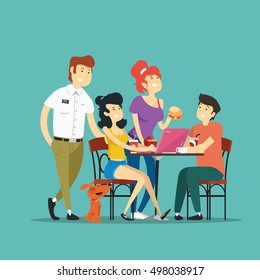 Friends. Group of people in a street Cafe. Vector illustration.