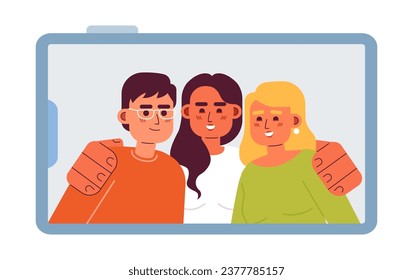 friends group photo on phone flat concept vector spot illustration. Picture on smartphone screen 2D cartoon characters on white for web UI design. Isolated editable creative hero image