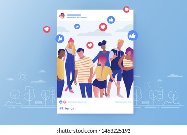 Friends group photo posting in social networks and comments and likes for that post. Happy group of teenage boys and girls, school friends, students on photo. Friendship concept. Flat vector cartoon