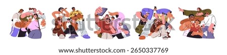 Friends group posing together for selfie on mobile phone, photo portrait. Young people smiling, laughing and gesturing with happy emotions, set. Flat vector illustration isolated on white background