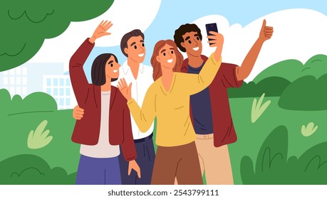 Selfie do grupo de amigos. Jovens sorridentes tiram foto com câmera frontal no parque da cidade. Momento feliz para lembrar. Instantâneos móveis. Posando para fotografia. Garish