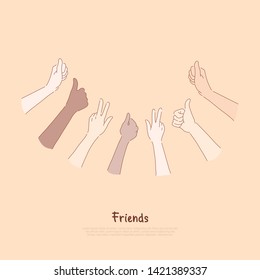 Friends group showing thumbs up and peace signs, feelings, mood expression, approval, confirmation, friendship banner