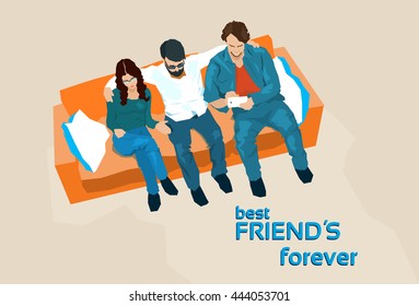 Friends Group Sit On Sofa Top Angle View Vector Illustration